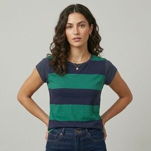 Tommy Hilfiger Mixed Media Striped Top M Green Navy Blue Nautical Preppy Y2K